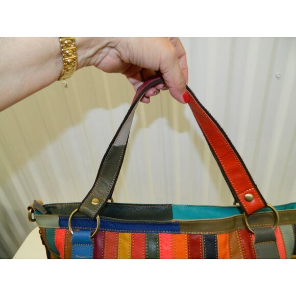 Amerileather Multicolor Lg Leather Tote Bag Colorful Patchwork Tassels Adj Strap - Picture 7 of 16
